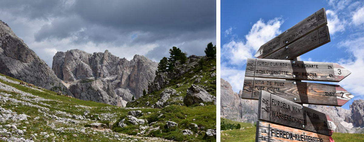 Panneaux de randonnée dans le Parc National Puez-Odle, Italie